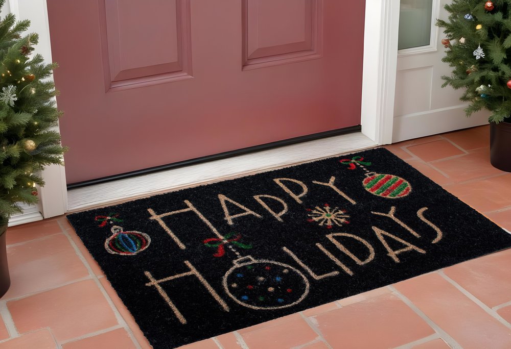 24" X 36" Black and Natural Coir Happy Holidays Outdoor Christmas Door
